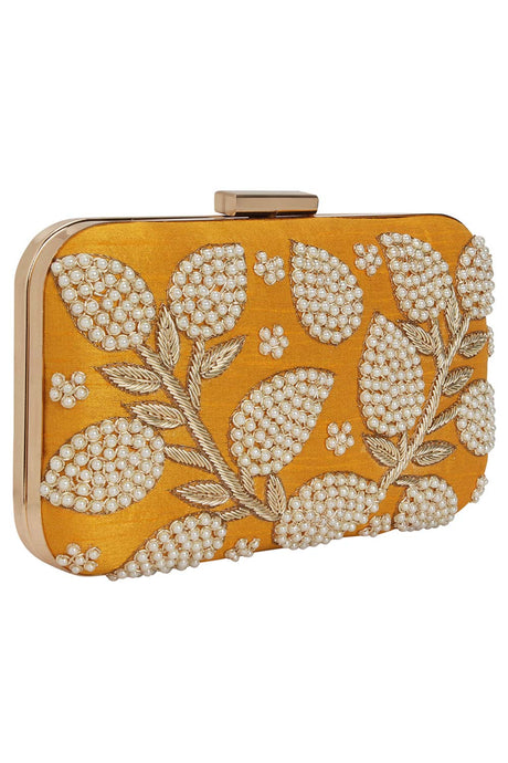 Adorn Embellished Faux Silk Clutch Yellow & Pearl Gold