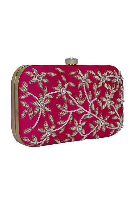 Faux Silk Clutch In Magenta, Pink And Gold