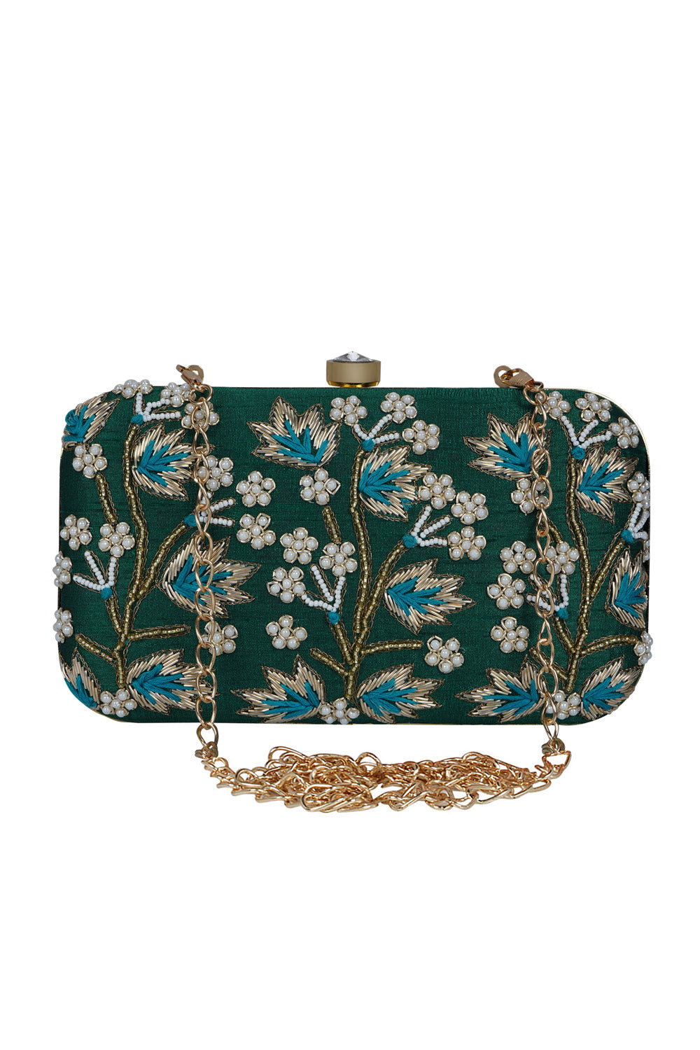 Faux Silk Clutch In Green, White And Gold