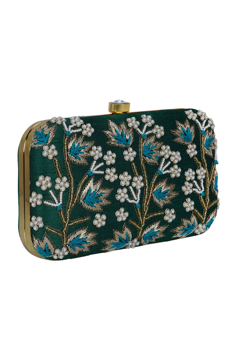 Faux Silk Clutch in Green, White and Gold