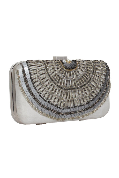 Faux Silk Clutch In Grey And Sliver