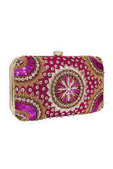 Faux Silk Clutch In Magenta, Pink And Gold