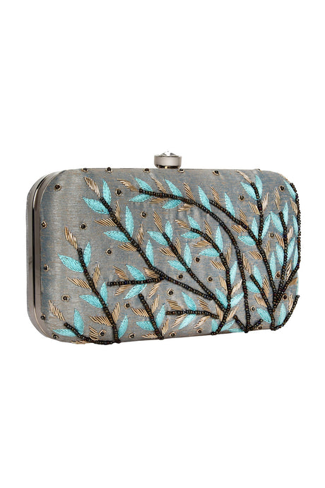 Faux Silk Clutch In Grey And Blue