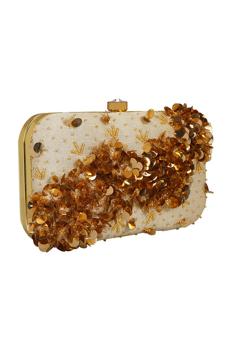 Faux Silk Clutch In White And Gold