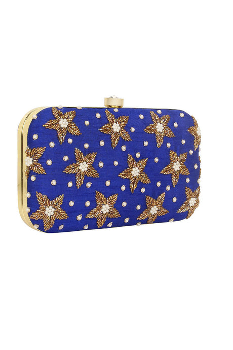 Faux Silk Clutch In Blue And Gold