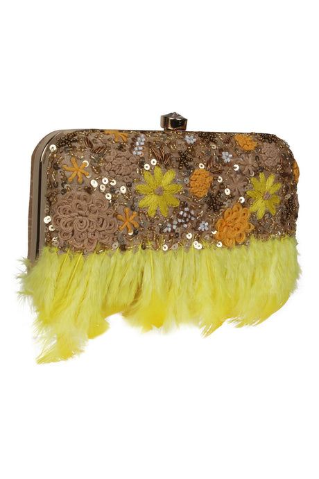 Faux Silk Clutch In Beige And Yellow