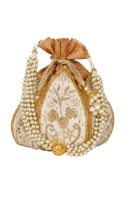 Faux Silk Potli In White And Gold