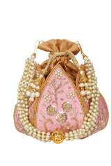 Faux Silk Potli In Pink And Gold