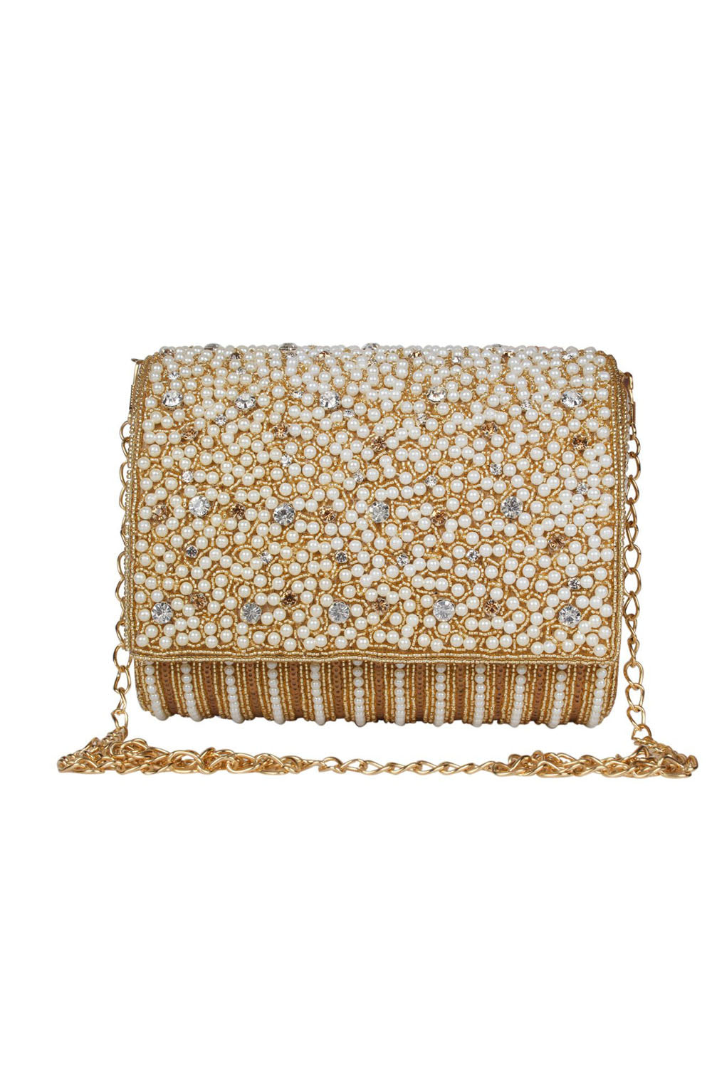 Faux Silk Clutch In White And Gold