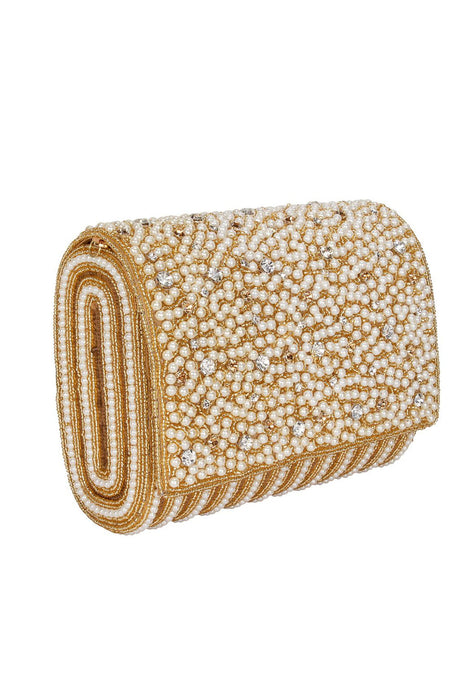 Faux Silk Clutch In White And Gold