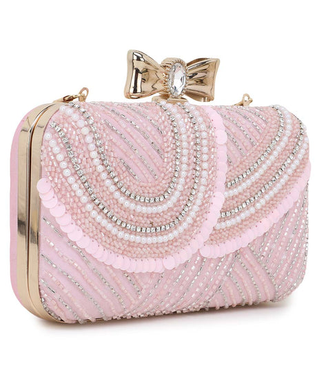Adorn Baby Pink & White Embellished Faux Silk Clutch