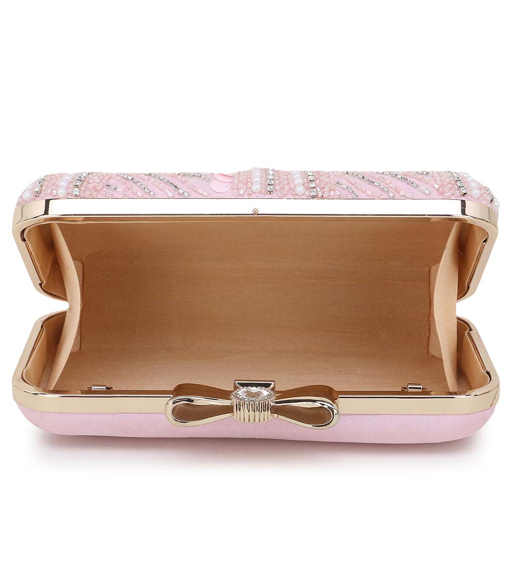 Adorn Baby Pink & White Embellished Faux Silk Clutch