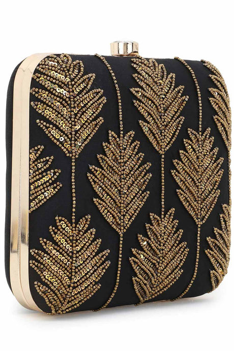 Vista Black & Gold Faux Silk Botanical Embellished Box Clutch