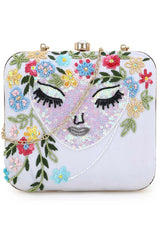 Vista White & Multi Faux Silk Sequined & Embellished Box Clutch