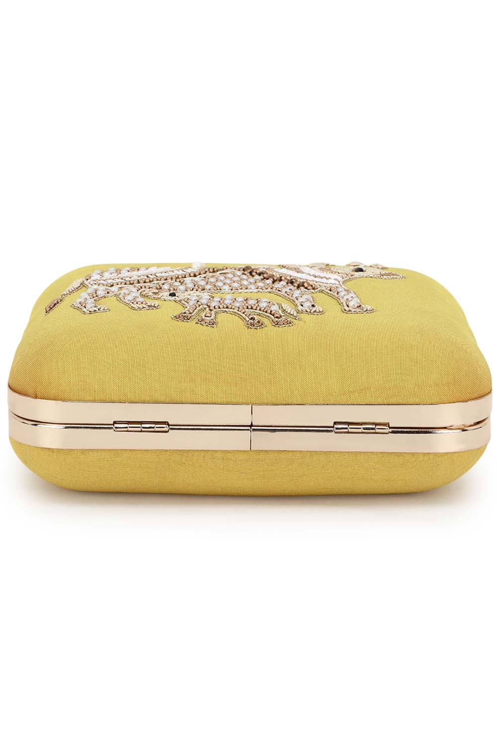 Vista Yellow & Gold Faux Silk Quirky Embellished Box Clutch