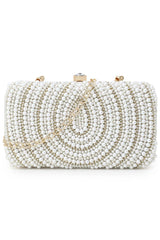 Adorn White & Gold Faux Silk Embellished Pearl Work Box Clutch