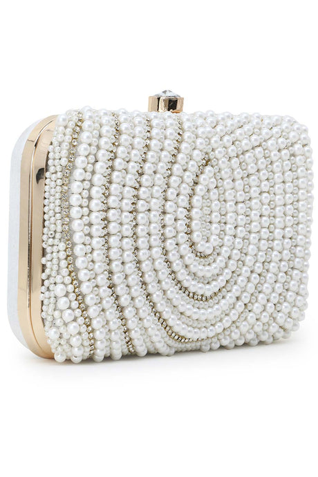 Adorn White & Gold Faux Silk Embellished Pearl Work Box Clutch