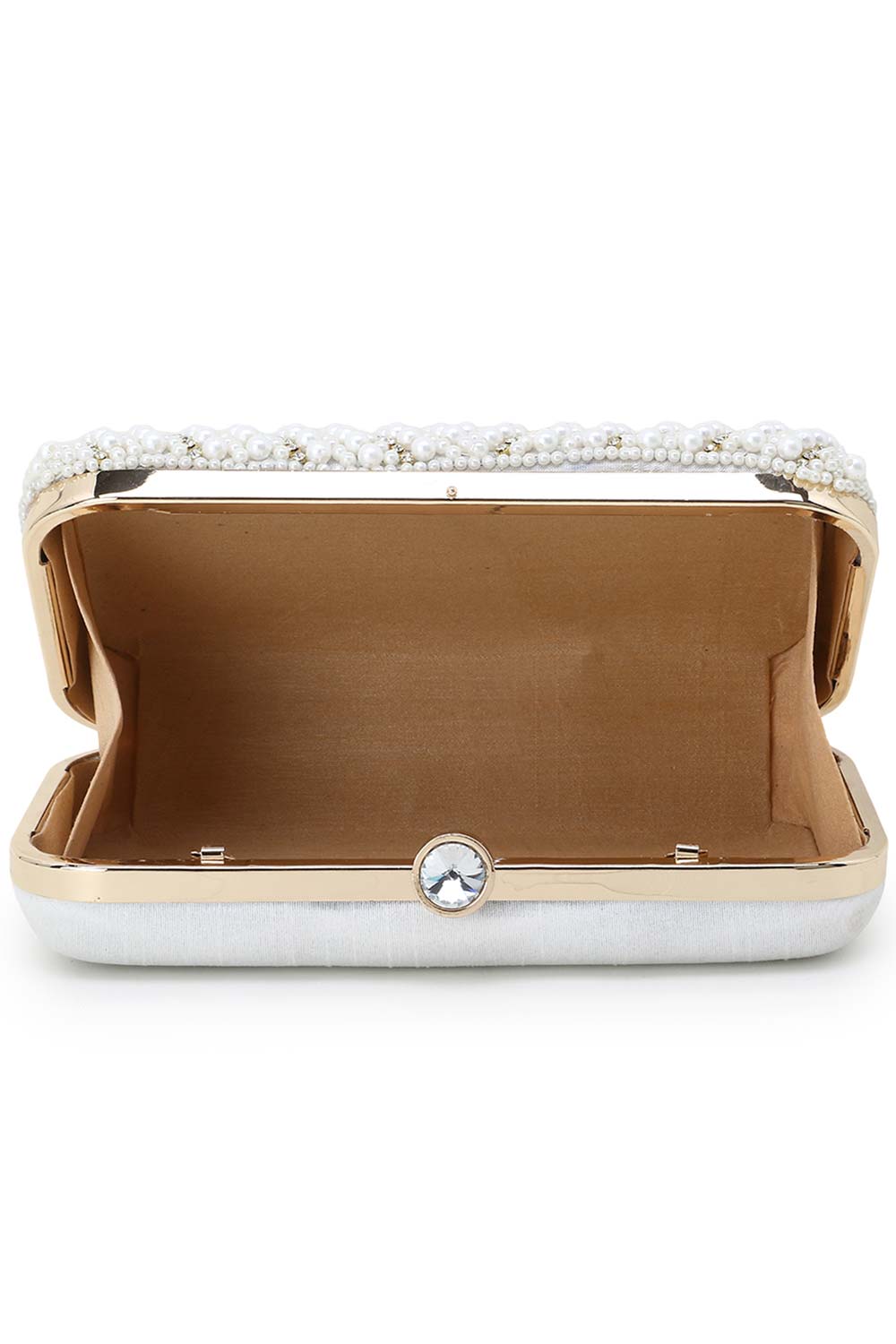 Adorn White & Gold Faux Silk Embellished Pearl Work Box Clutch