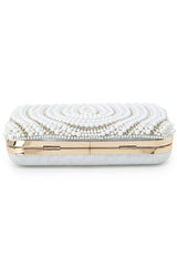 Adorn White & Gold Faux Silk Embellished Pearl Work Box Clutch