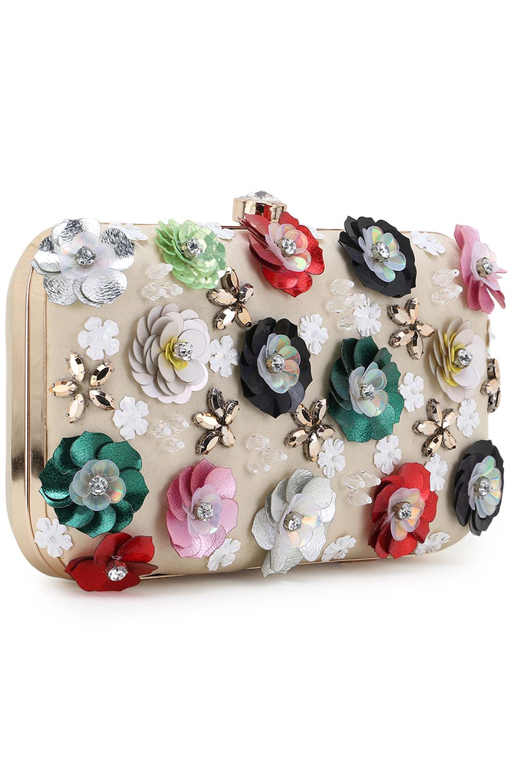 Adorn Cream & Multi Faux Silk Floral Embellished Clutch