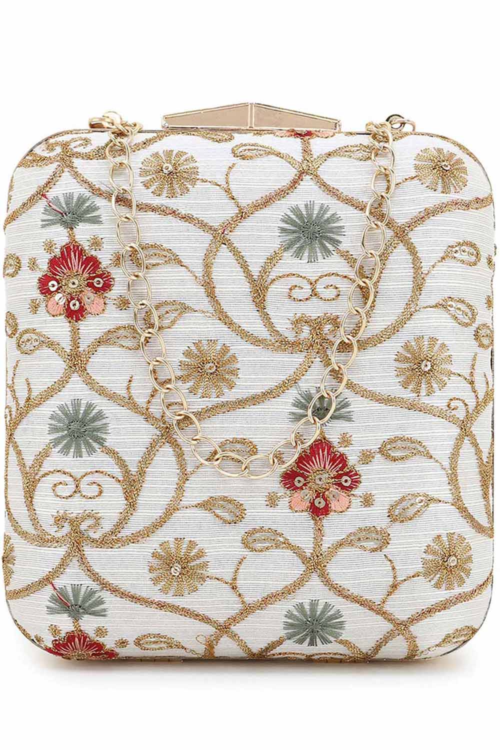 Vista Natural & Multi Faux Silk Ethnic Motifs Embroidered Clutch