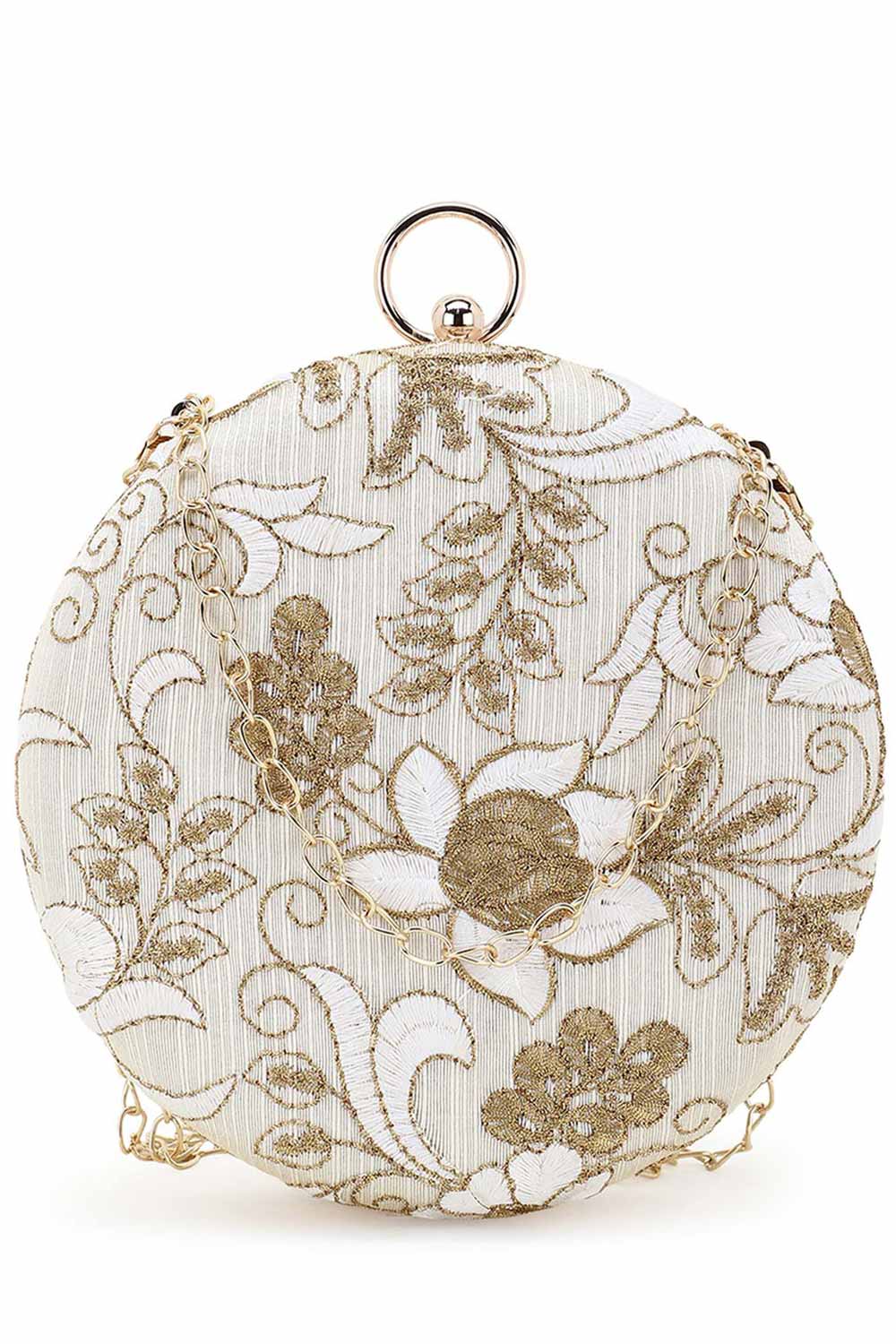 Gala Natural & Gold Faux Silk Floral Embroidered Clutch