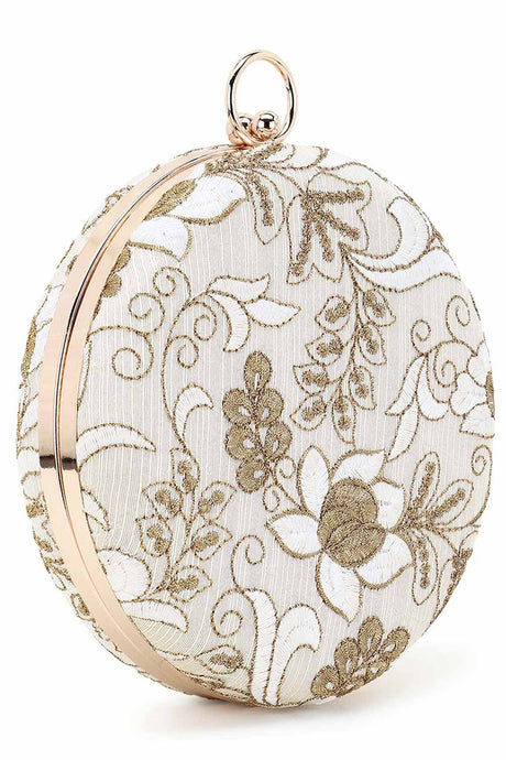 Gala Natural & Gold Faux Silk Floral Embroidered Clutch
