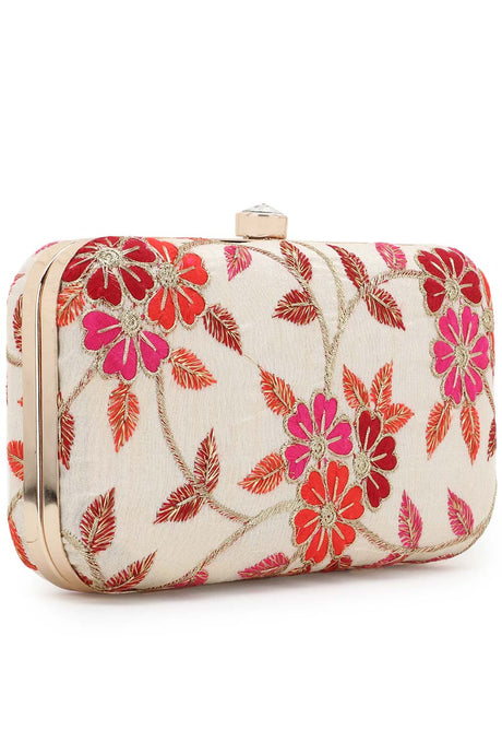 Tulle Natural & Pink Faux Silk Floral Embroidered Clutch