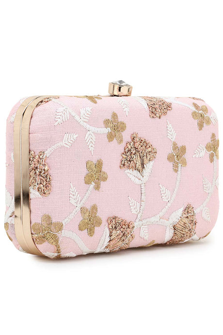 Tulle Baby Pink & Gold Faux Silk Floral Embroidered Clutch