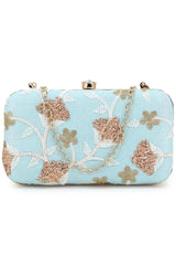 Tulle Sky Blue & Gold Faux Silk Floral Embroidered Clutch