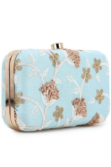 Tulle Sky Blue & Gold Faux Silk Floral Embroidered Clutch