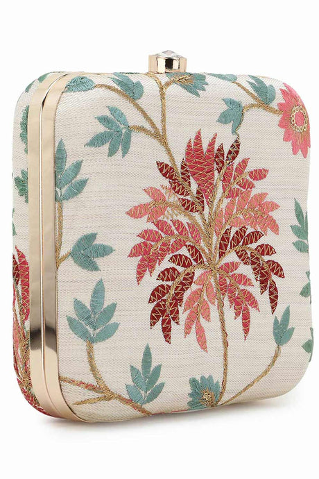 Vista Natural & Multi Faux Silk Botanical Embroidered Clutch
