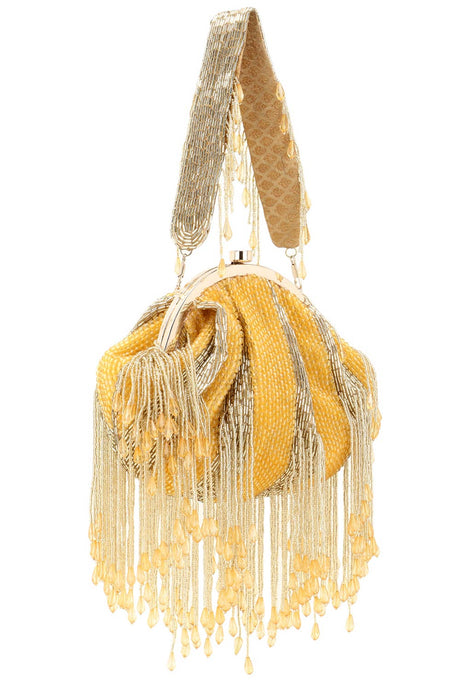 Pochette Mustard & Gold Faux Silk Stripe Embellished Clutch