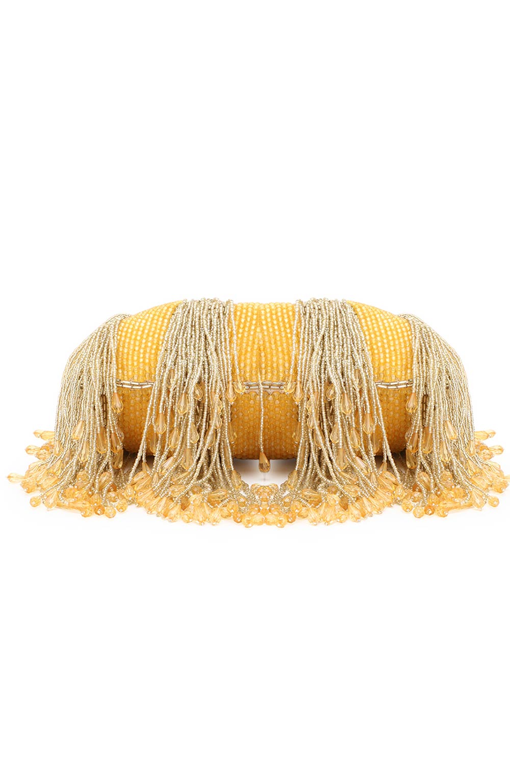 Pochette Mustard & Gold Faux Silk Stripe Embellished Clutch