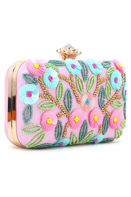 Adorn Pink & Multi Faux Silk Floral Sequinned Clutch