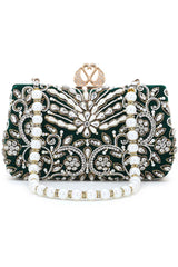 Adorn Dark Green & White Velvet Beaded Clutch