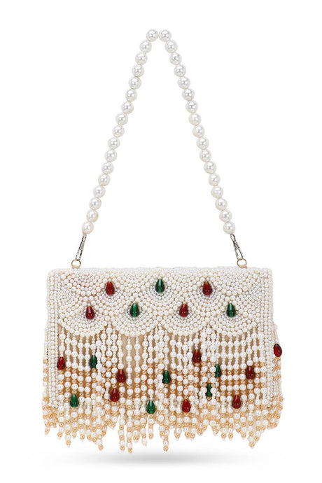 Coffer White & Green & Maroon Suede Pearl Beaded Clutch