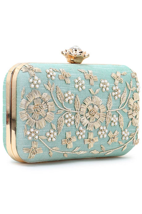 Adorn Pastel Green & Gold Faux Silk Floral Embroidered Clutch