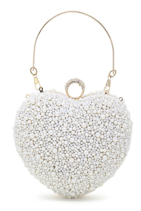 Love Off White Faux Silk Pearl Embellished Heart shaped Clutch
