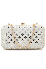 Adorn Off White Faux Silk Geometric Clutch With Mirror Work