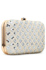 Adorn Off White Faux Silk Geometric Clutch With Mirror Work