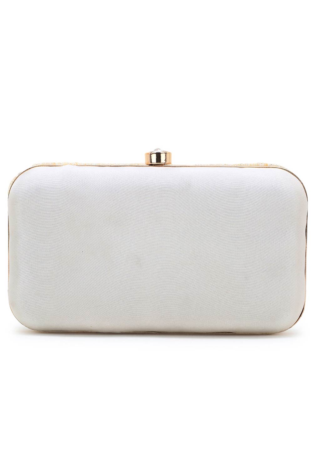 Adorn Off White Faux Silk Geometric Clutch With Mirror Work