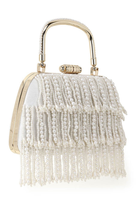 Pochette White & Gold Faux Silk Pearl Embellished Clutch