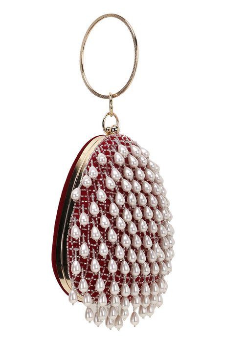 Dangle Maroon & Off White Velvet Pearl Embellished Clutch