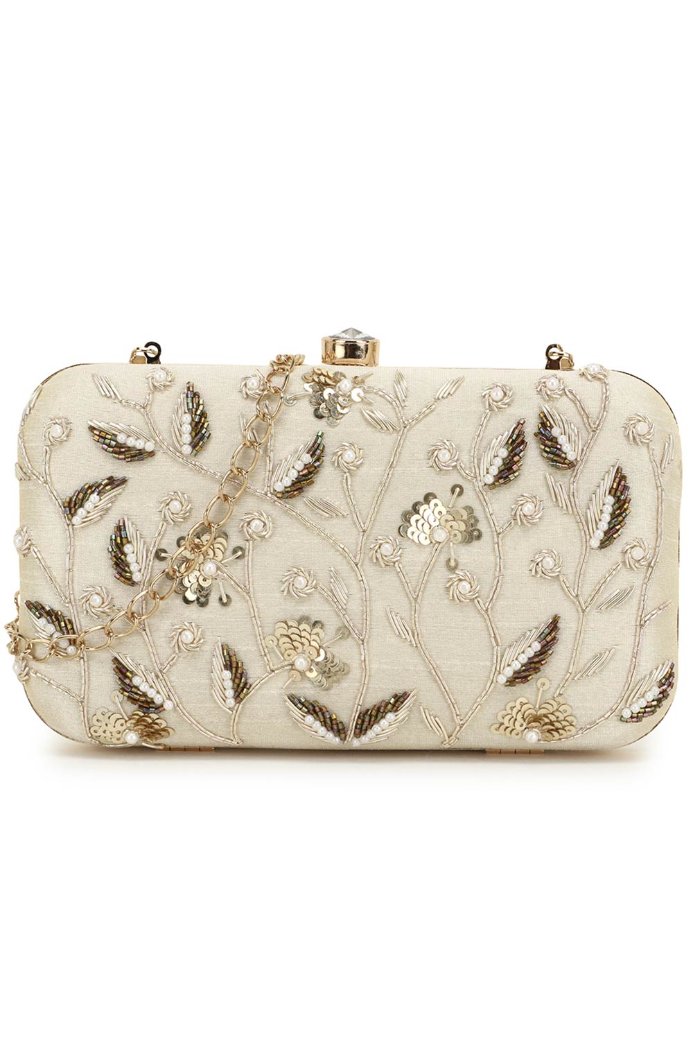 Adorn Off White & Gold Botanical Embellished Faux Silk Clutch