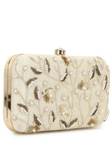 Adorn Off White & Gold Botanical Embellished Faux Silk Clutch