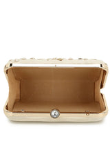 Adorn Off White & Gold Botanical Embellished Faux Silk Clutch