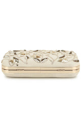 Adorn Off White & Gold Botanical Embellished Faux Silk Clutch