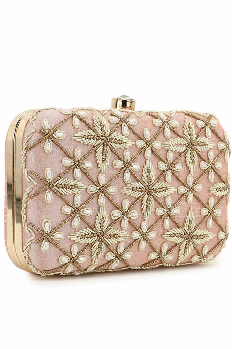 Adorn Pastel Pink & Gold Embellished Faux Silk Clutch