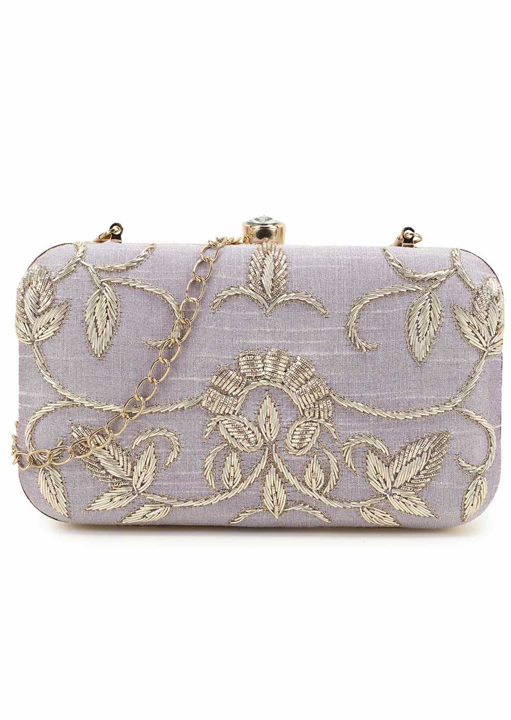 Adorn Pastel Purple & Gold Embellished Faux Silk Clutch